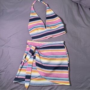 xs/small multi-coloured striped two-piece set - a cute shirt & skirt combo